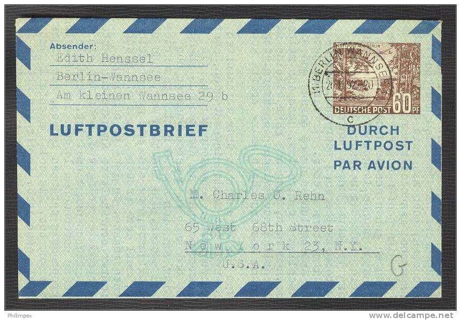 GERMANY BERLIN AIRPOST ENVELOPE 60 PF TO NEW YORK 1952	Cds BERLIN WANNSEE - Autres & Non Classés