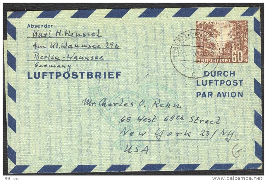 GERMANY BERLIN AIRPOST ENVELOPE 60 PF TO NEW YORK 1952 - Autres & Non Classés