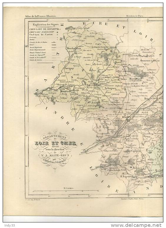 - DEPARTEMENT DE LOIR ET CHER .  CARTE DU XIXe S. GRAVEE EN COULEURS SOUS LA DIRECTION DE MALTE-BRUN - Mapas Geográficas