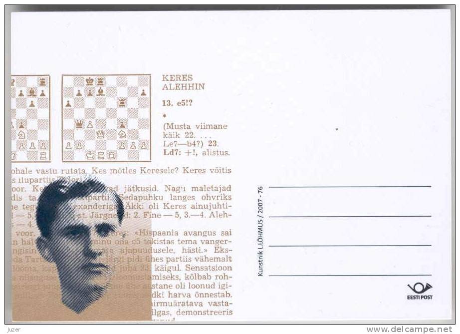 Estonia: Chess Grandmaster PAUL KERES (2007). Postcard - Chess