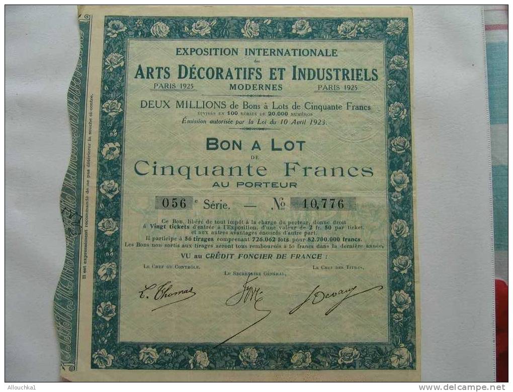 SCRIPOPHILIE COLLECTIONNEURS D'ACTIONS /TITRES De BOURSE PERIMES ARTS DECORATIFFS & INDUSTRIELS MODERN 1925 50 F PORTEUR - Industrie