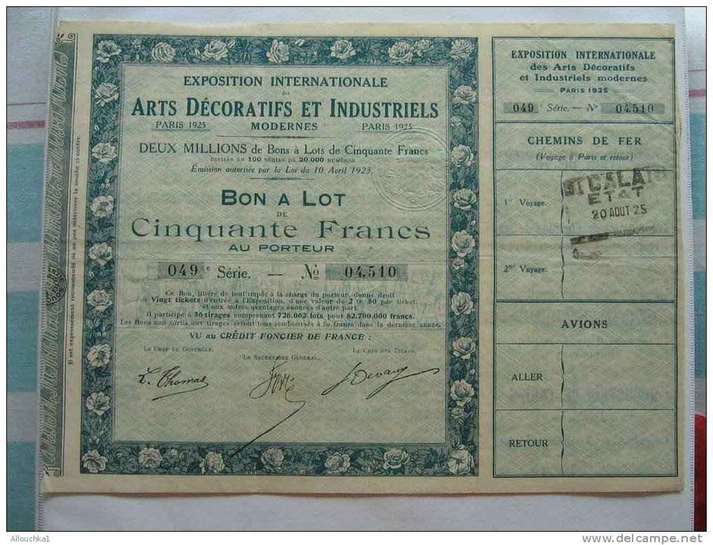 SCRIPOPHILIE COLLECTIONNEURS D'ACTIONS /TITRES De BOURSE PERIMES ARTS DECORATIFFS & INDUSTRIELS MODERN 1925 50 F PORTEUR - Industrie