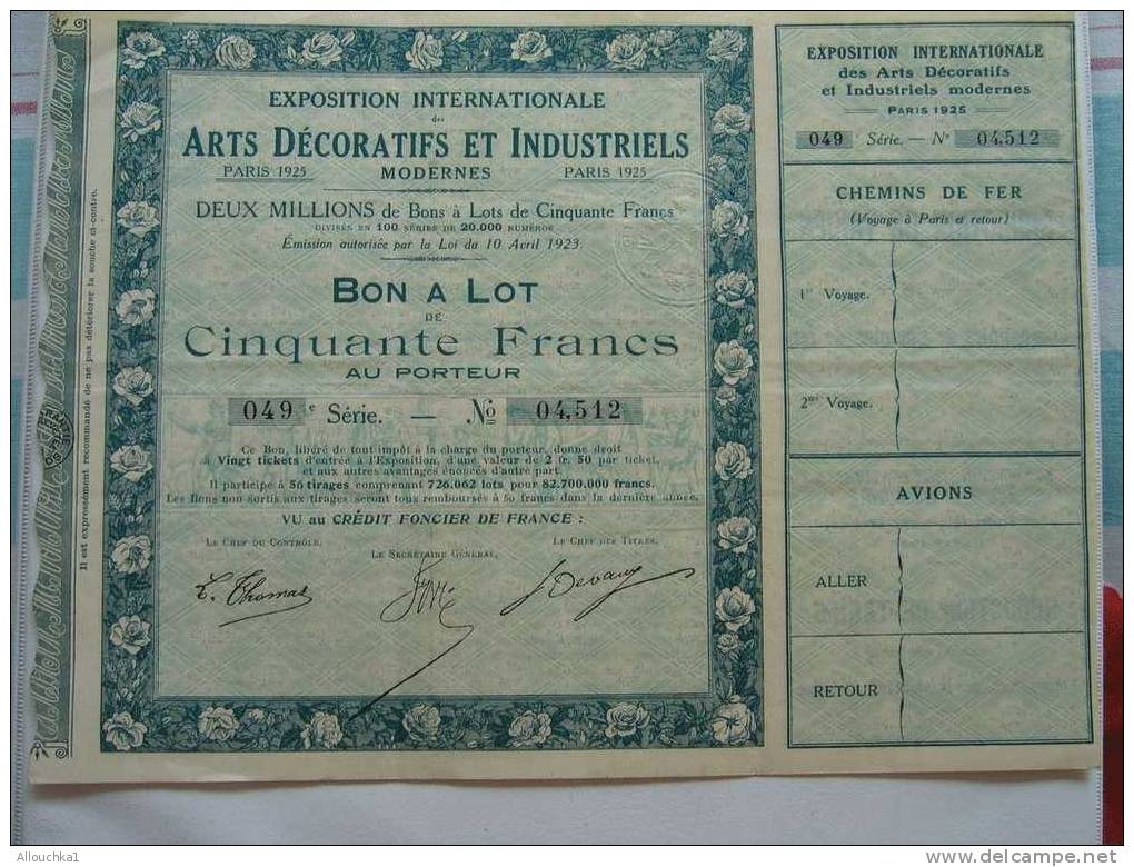 SCRIPOPHILIE COLLECTIONNEURS D´ACTIONS /TITRES De BOURSE PERIMES ARTS DECORATIFFS & INDUSTRIELS MODERN 1925 50 F PORTEUR - Industry