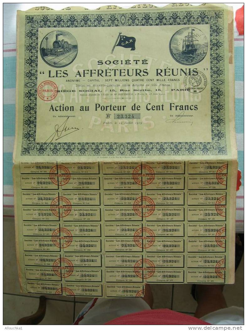 SCRIPOPHILIE COLLECTIONNEURS D´ACTIONS /TITRES De BOURSE PERIMES LES AFFRETEURS REUNIS 1919 100 F PORTEUR TRAIN BATEAU - Industrie