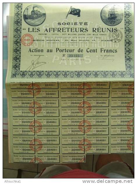 SCRIPOPHILIE COLLECTIONNEURS D´ACTIONS /TITRES De BOURSE PERIMES LES AFFRETEURS REUNIS 1919 100 F PORTEUR TRAIN BATEAU - Industry