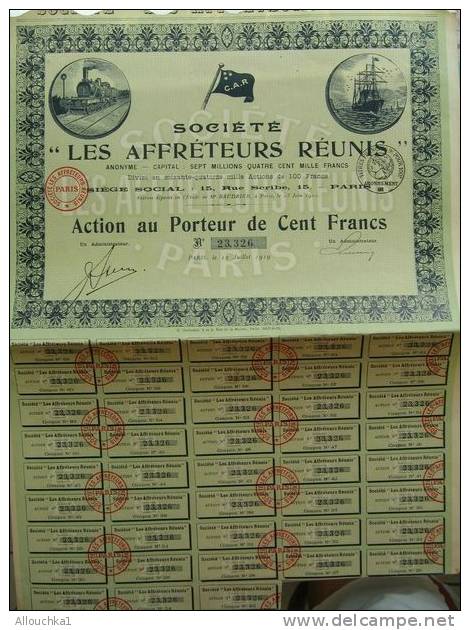 SCRIPOPHILIE COLLECTIONNEURS D´ACTIONS /TITRES De BOURSE PERIMES LES AFFRETEURS REUNIS 1919 100 F PORTEUR TRAIN BATEAU - Industrial