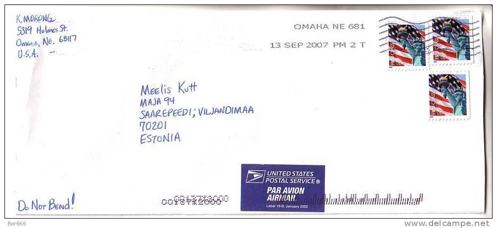 GOOD POSTAL COVER USA ( Omaha ) - ESTONIA 2007 - Good Stamped : Flags - 2001-10