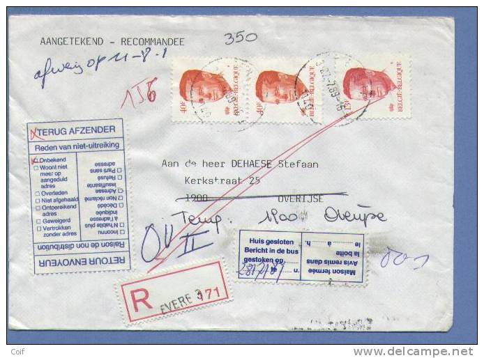 2136+2203 Op Aangetekende Brief Met Stempel EVERE, Naar OVERIJSE Met Stempels RETOUR/TERUG ..... - 1981-1990 Velghe