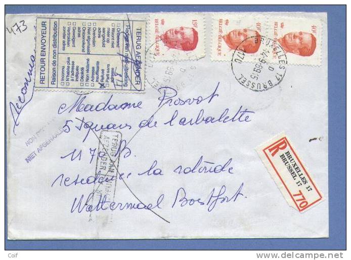 2136+2203 Op Aangetekende Brief Met Stempel BRUSSEL, Naar WATERMAEL/BOISFORT Met Stempels RETOUR/TERUG ..... - 1981-1990 Velghe