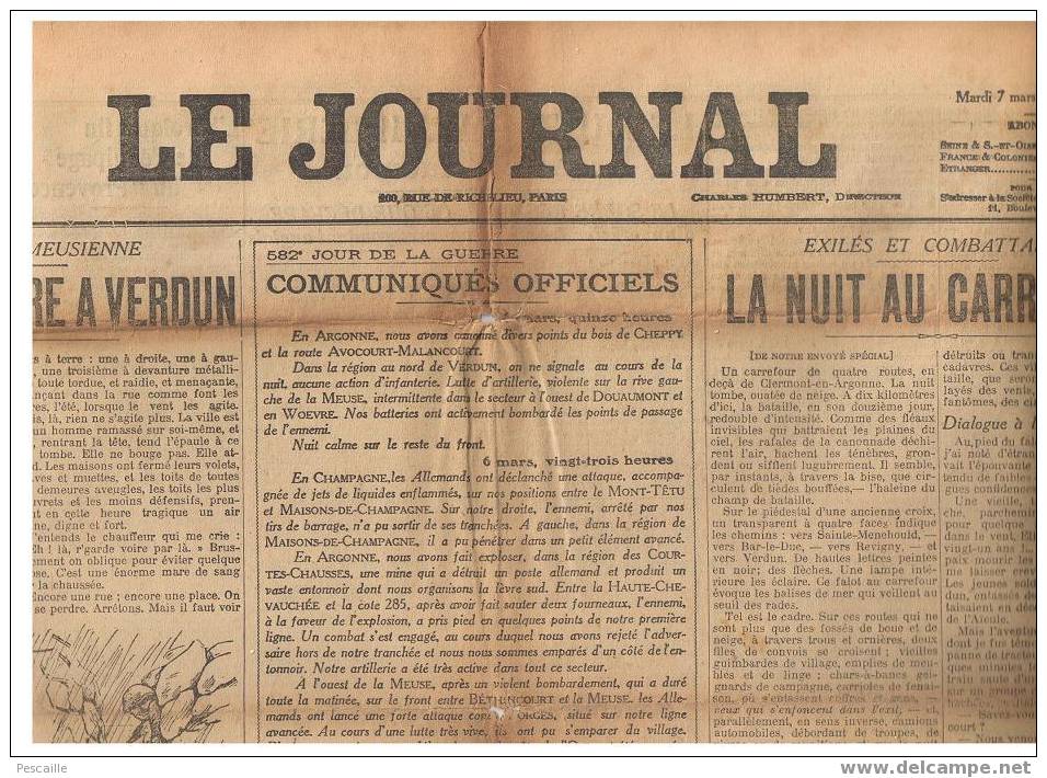 Le Journal 7 Mars 1916 - Verdun - Attaque Près De Maisons De Champagne - Lyautey ... - Informations Générales