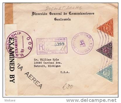 Gu004/ GUATEMALA - Postdienstbrief , Frankiert, Einschr., Zensiert, Nach Detroit,  USA, 1942 - Guatemala