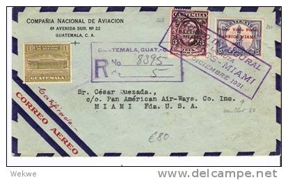 Gu025/ GUATEMALA - Erstflug/Einschreiben 1931, Passende Marken + Rot Kreuz Vignette - Guatemala