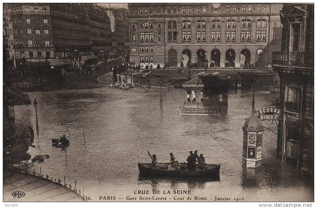 CRUE DE LA SEINE PARIS Gare Saint Lazare Cour De Rome Janvier 1910 Cpa Animée - Inondations