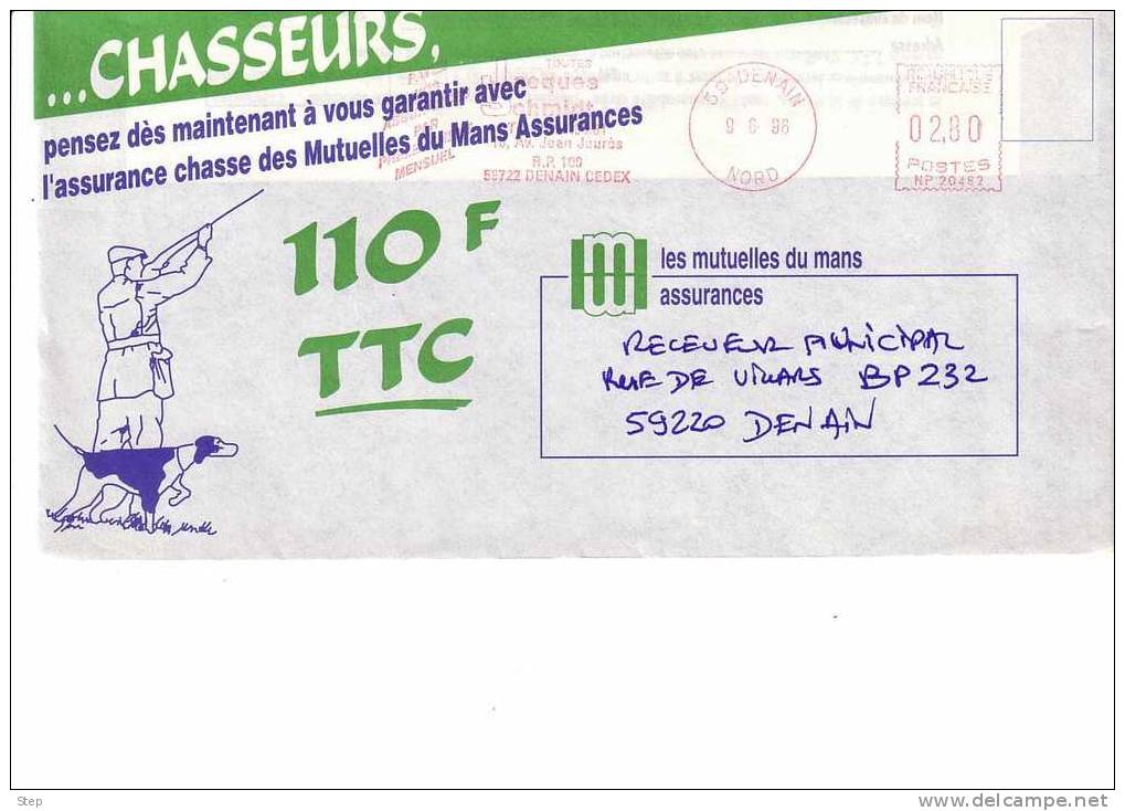 ENVELOPPE PUBLICITAIRE ASSURANCE Des CHASSEURS 1998 Illustrée Par Un CHASSEUR Et Son CHIEN EMA CONCORDANTE SUPERBE - Schieten (Wapens)