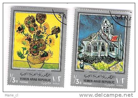 2 Timbres Du Yemen : VAN GOGH, Eglise D´Auvers- Tournesols - Impressionismus