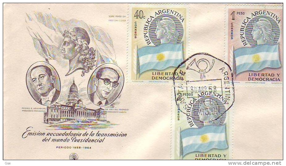 ARGENTINA 1958 - FDC - Yvert 587/9 - Annullo Speciale Illustrato - Bandiera Argentina - Enveloppes