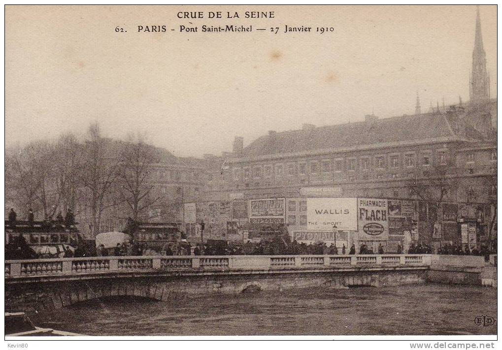 CRUE DE LA SEINE PARIS Pont Saint Michel Janvier 27 1910 Cpa Animée - Inondations