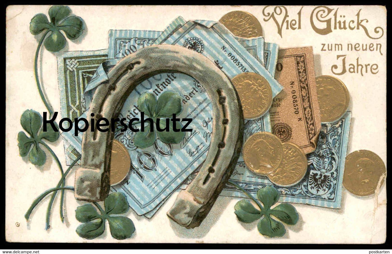 ALTE PRÄGE POSTKARTE NEUJAHR GELDSCHEIN MÜNZEN HUFEISEN KLEEBLATT Geld Billet Money Coin Coins Billettes Cpa Postcard AK - Monnaies (représentations)