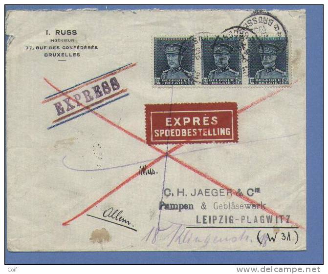 320(X3) Op EXPRES-brief Met Stempel BRUSSEL Naar LEIPZIG(Duitsland), Op Verso Treinstempel KOLN-HERBESTHAL - 1931-1934 Mütze (Képi)