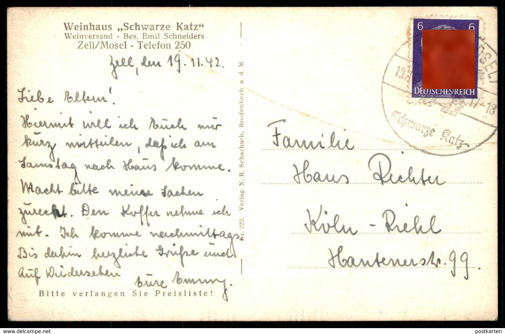 ALTE POSTKARTE ZELL MOSEL 1940 NATURAUFNAHME WEINSTADT SCHWARZE KATZ Weinversand Emil Schneiders Wine AK Ansichtskarte - Zell