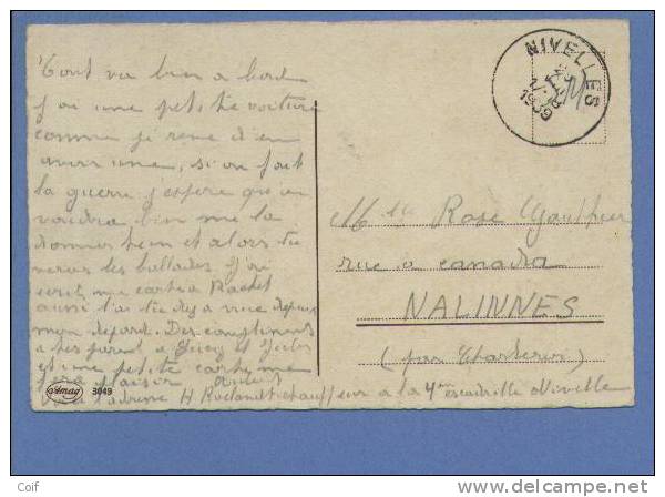 Postkaart Met Stempel NIVELLES Op 29/8/1939 (Mobilisatie) - Brieven En Documenten