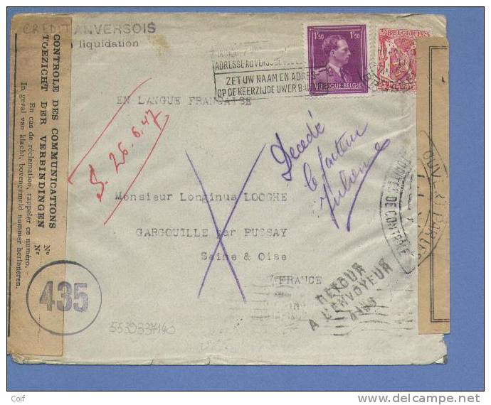423+641op Brief Met Stempel BRUSSEL, Naar France, 2X Censuur Belgisch En Frans + Stempel RETOUR ... - 1936-1957 Open Collar