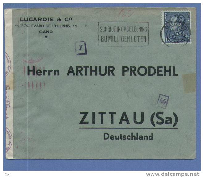 430 Op Brief Met Stempel GENT Naar Duitsland, Met Censuur Strook En Stempel - 1936-51 Poortman