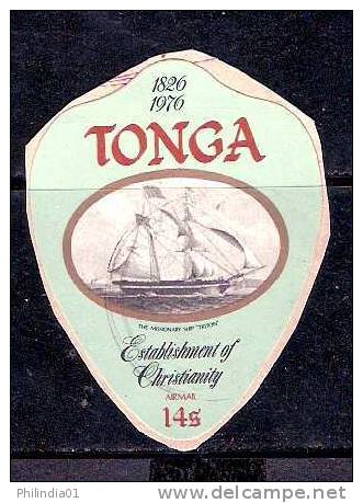 Tonga 1976 14s Odd Shaped, Die Cut Ship, Christianity  # 2042 - Tonga (1970-...)