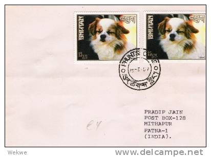 Bhu003/ BHUTAN -  Hund (Damci) 2 X 1989, Rückseitig Kloster (dog, Perro) - Bhutan