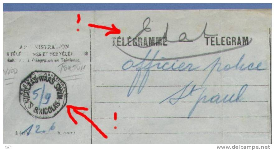 Telegram Met Telegraafstempel ST-NICOLAAS-WAAS / ST-NICOLAS-WAAS Zonder Datummidden(noodstempel), Datum Met Potlood 5/9 - Fortune Cancels (1919)