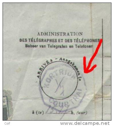 Telegram Met Telegraafstempel KORTRIJK / COURTRAI Zonder Datummidden(noodstempel), Datum Met Potlood 1/7 !! - Fortune Cancels (1919)