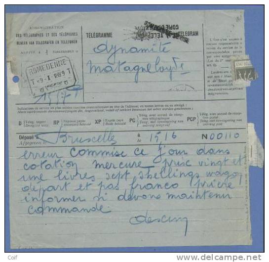 Telegram Met Telegraafstempel ROMEDENNE + Naamstempel (grffe) ROMEDENNE-SURICE !!!!!!!!! - Fortune (1919)