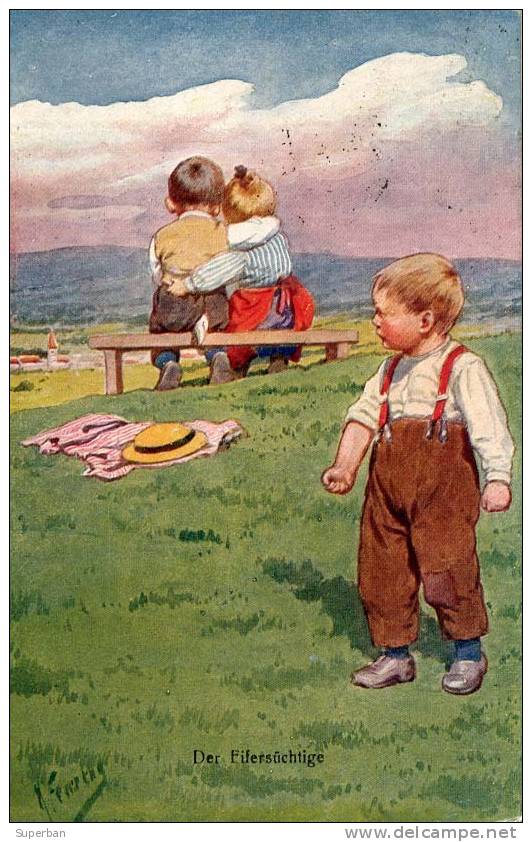 ART DÉCO / JUGENDSTIL : IDYLLE D´ ENFANTS : EIFERSÜCHTIG / JALOUSIE - BELLE ILLUSTRATION SIGNÉE: K. FEIERTAG (z-758) - Feiertag, Karl