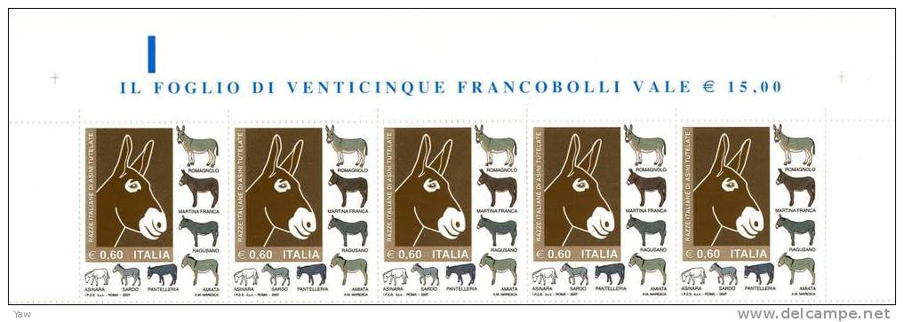 ITALIA 2007 RAZZE ITALIANE DI ASINI TUTELATE. STRISCIA FILA SUPERIORE X 5  MNH**. ASINO - Esel