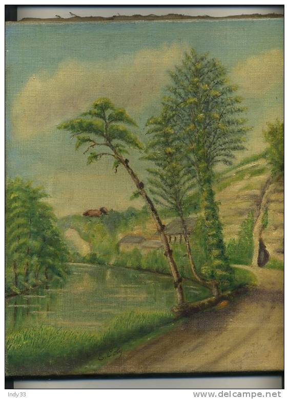 - BORD DE RIVIERE . HUILE SUR TOILE SIGNEE ACHETEE POUR UNE VUE DU DEPARTEMENT DE LA DORDOGNE VERS ST-ASTIER - Olieverf