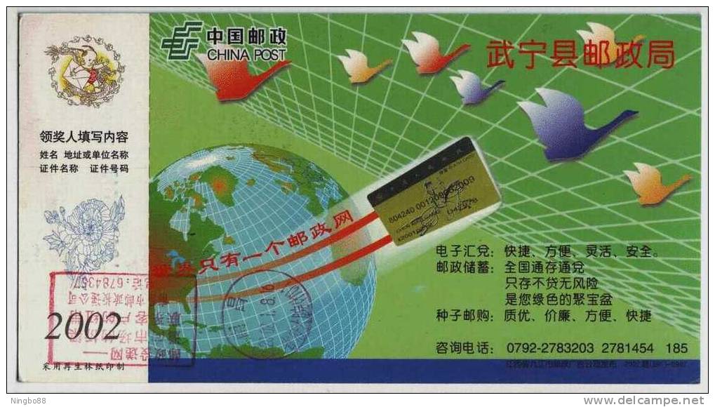 Swan Goose Bird,globe Map,China 2002 Wuning Post Saving Credit Union Advertising Pre-stamped Card - Oies
