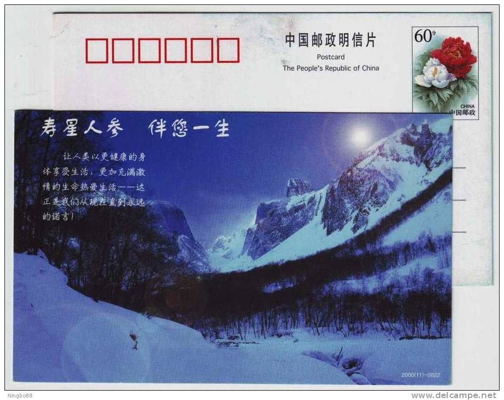 Longevity-star Brand Ginseng,snow Mountain,China 2000 Huadong Pharmaceutical Company Advertising Pre-stamped Card - Drugs