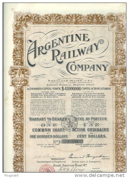 Argentine Railway Company:brune,état Parfait Avec Tous Les Coupons N°B 10192. - Bahnwesen & Tramways