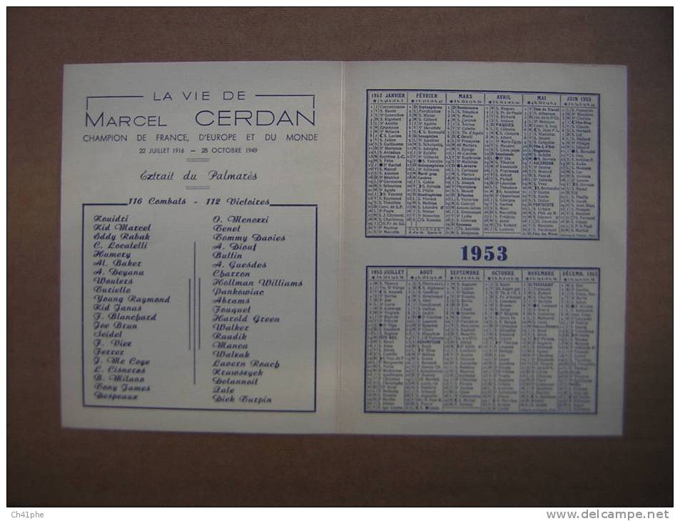 MARCEL CERDAN / CALENDRIER DE 1953 / BOXE / SPORT / BRASERIE MARCEL CERDAN / BIERE / RARE ET BEAU DOCUMENT - Formato Piccolo : 1941-60