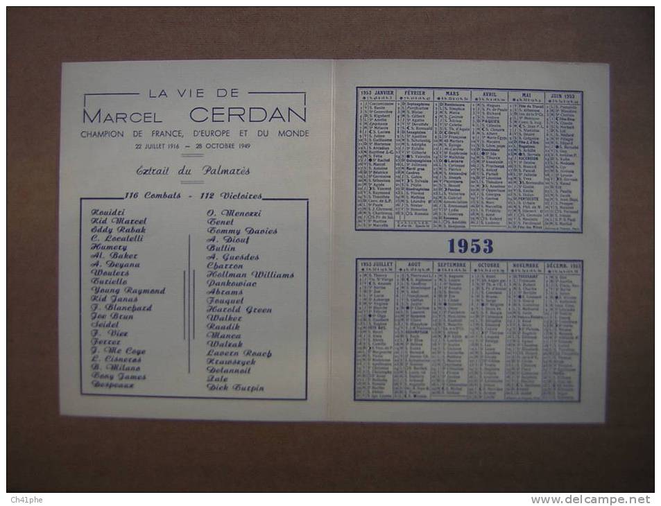MARCEL CERDAN / CALENDRIER DE 1953 / BOXE / SPORT / BRASERIE MARCEL CERDAN / BIERE / RARE ET BEAU DOCUMENT - Petit Format : 1941-60