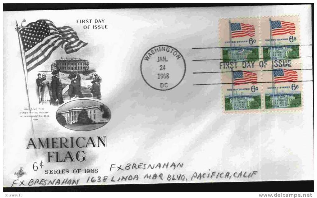 Fdc Usa 1968 Drapeaux American Flag Bloc 4 - Enveloppes