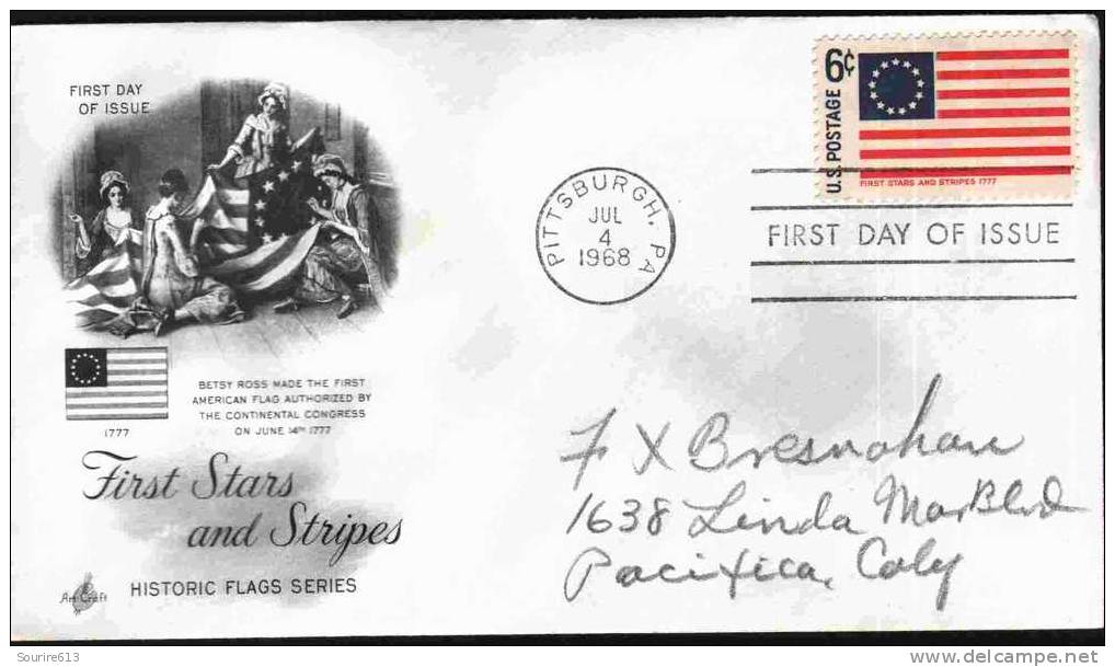 Fdc Usa 1968 Drapeaux First Stars And Stripes 1777 Betsy Ross - Buste