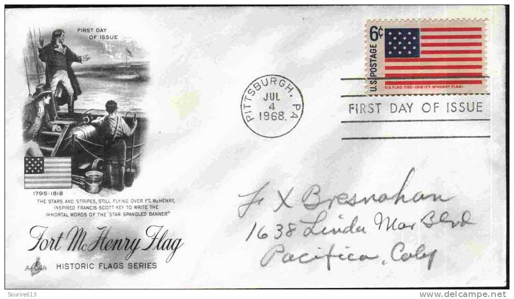 Fdc Usa 1968 Drapeaux Fort McHenry Flag 1795 Francis Scott - Enveloppes
