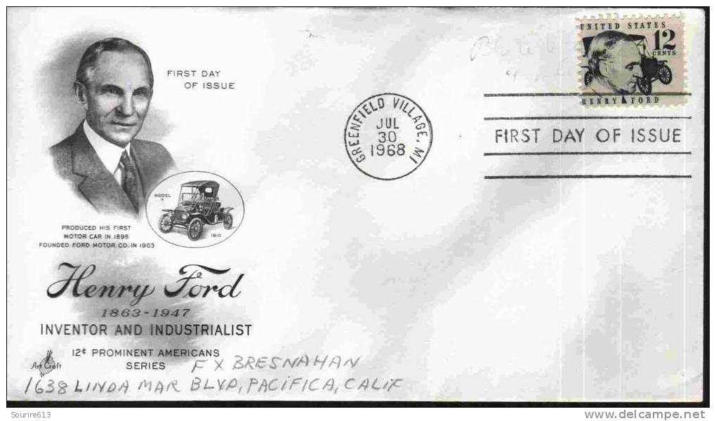 Fdc Usa 1968 Transports Terre Henry Ford 1863 1947 Model T - Autres (Terre)