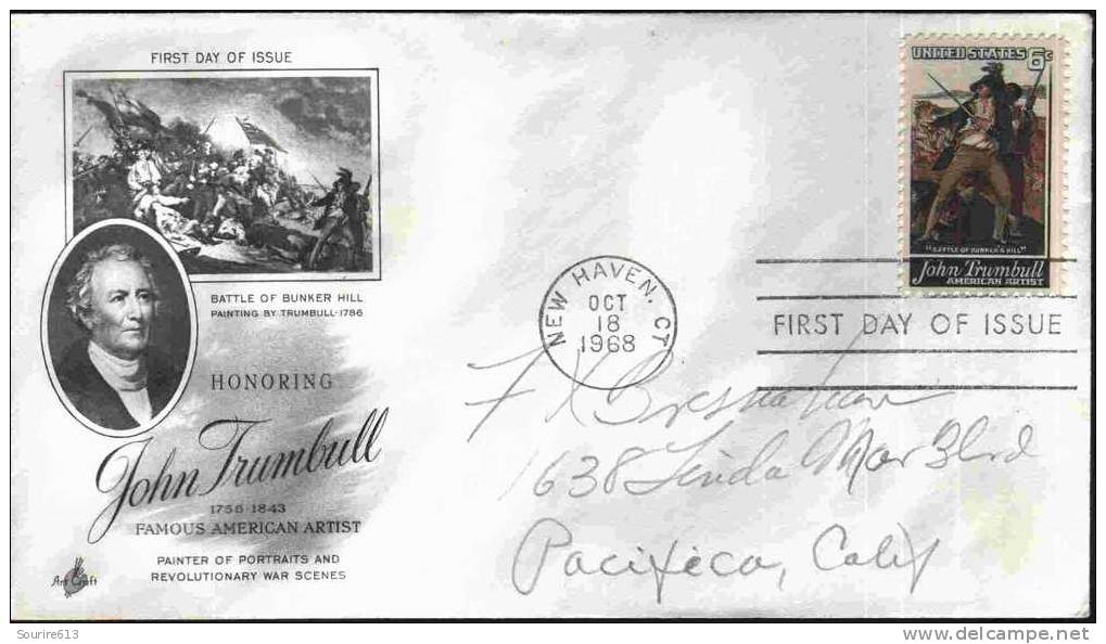 Fdc Usa 1968 Histoire Indépendance USA Bataille Bunker Hill 1786 John Trumbull 1756 1843 - Us Independence