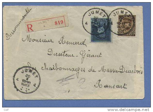 320+341op Aangetekende Brief Met Stempel JUMET 4 Naar RANSART Met Strookje "Absent..." - 1931-1934 Quepis