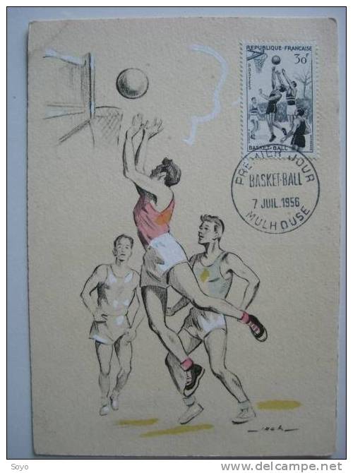 Basket Ball Carte Dessin 1er Jour Maximum Mulhouse 1956 - Basketball