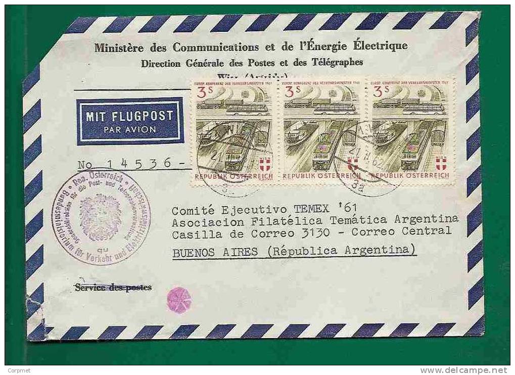 TRAIN - BUSES - TRUCKS - SHIPS - On AUSTRIA Official Cover To ARGENTINA With Strip Of 3 - Yvert # 926 - Sonstige (Land)