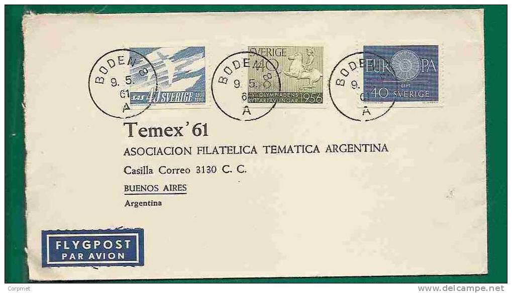 OLYMPIC - SAS AIRPLANE And EUROPA Stamps - Perf On Two Sied On AIR MAIL BODEN Cover To ARGENTINA - Briefe U. Dokumente