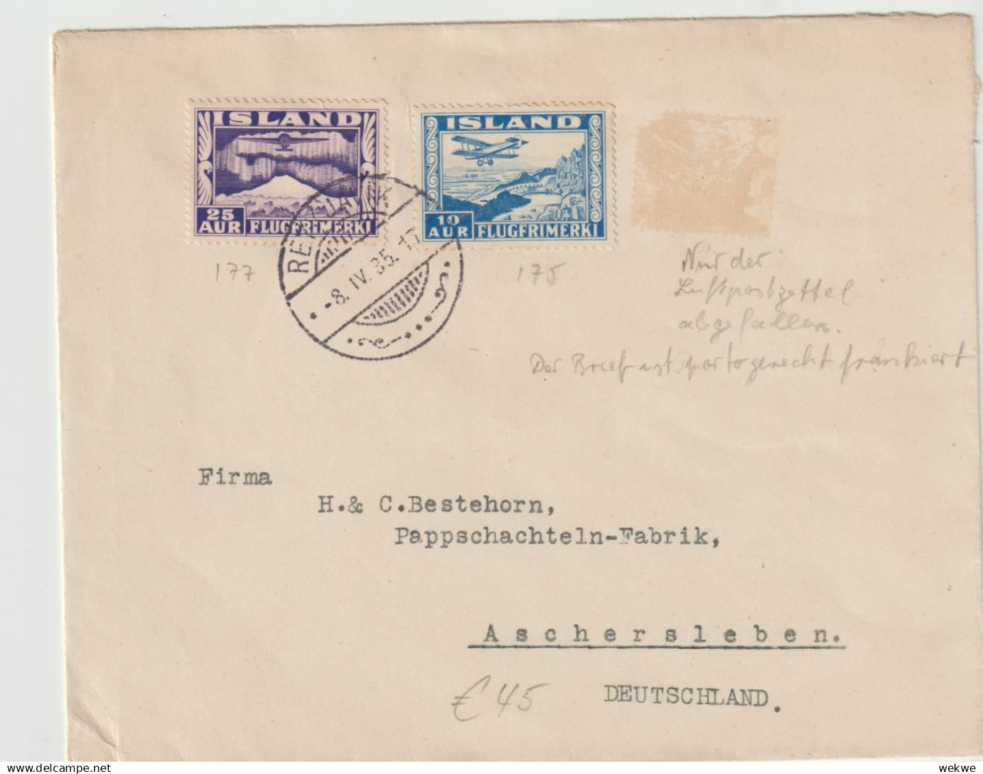 Ist003/   ISLAND - Brief Mit  Flugpostmarken (Doppeldecker/Flugzeug/Vu Lkan/ Nordlicht 1935 - Storia Postale